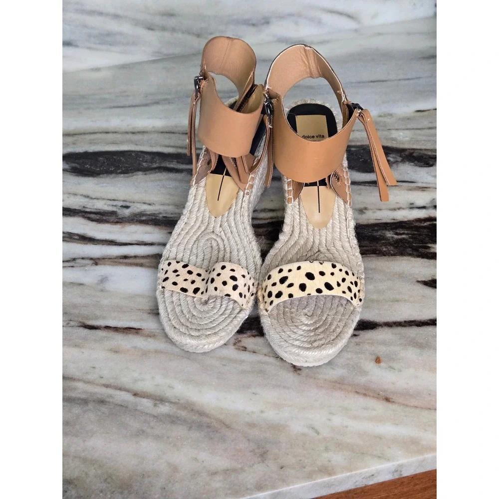Dolce Vita Cheetah Print‎ Calf Hair Espadrille Wedge Sandals Tan Leather Ankle 9
